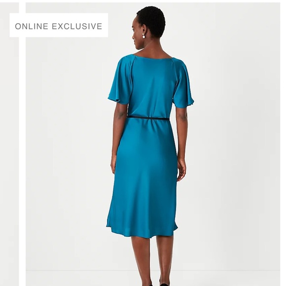 Ann Taylor Peacock Color Satin Dress w/ Black Velvet Belt 0 - Picture 2 of 3